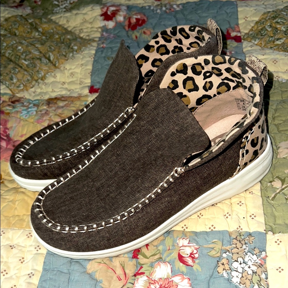 Brown Hey Dude Slip-On Shoes with Leopard Print size 8